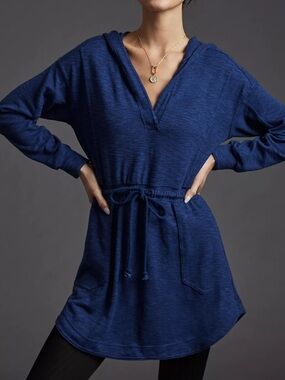 Anthropologie Daily Practice Hooded Dress Large Blue Tunic Sweatshirt Hoodie